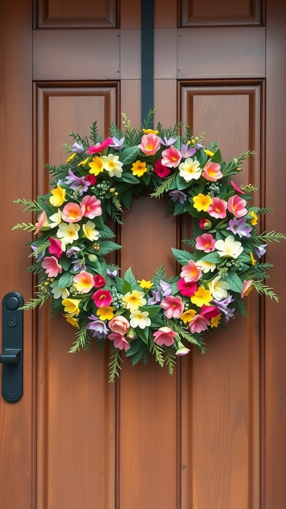 Colorful floral wreath on a wooden door