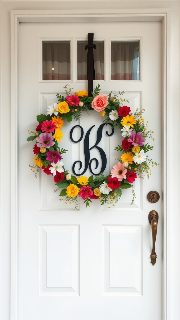 A colorful floral monogram wreath hanging on a door, featuring a bold letter in the center surrounded by various flowers.