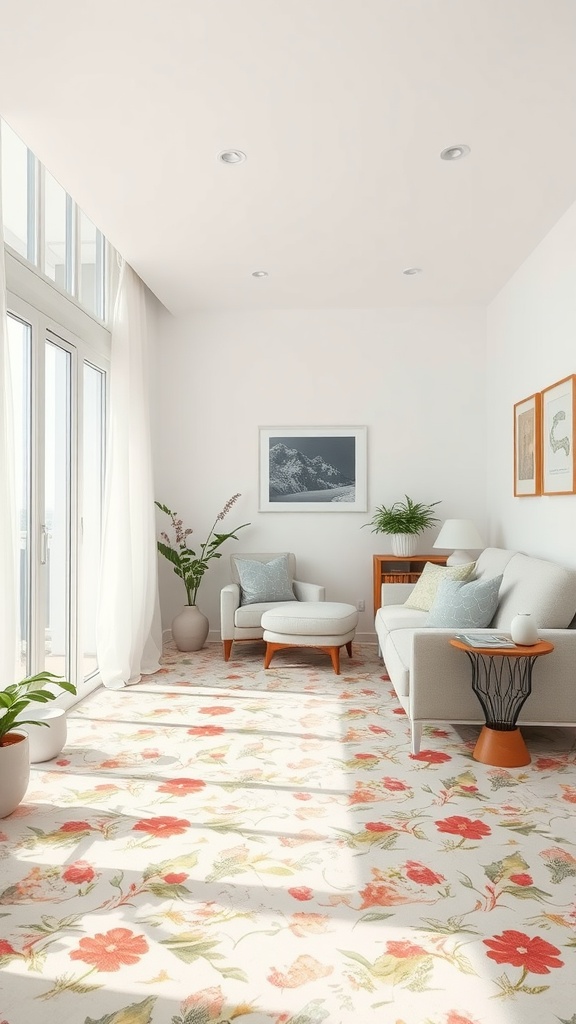 A bright living room featuring a floral patterned carpet, light furniture, and natural light coming through large windows.