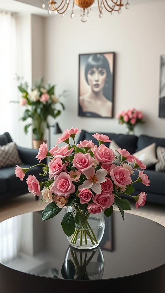 A bouquet of pink roses and lilies on a black coffee table in a stylish living room.