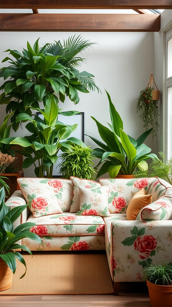 A cozy floral print sectional sofa surrounded by lush green plants, creating a warm and inviting living room space.