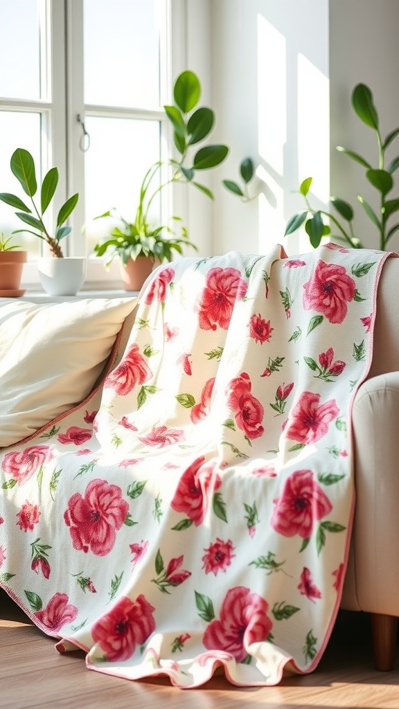 A floral print throw blanket in a living room with houseplants and natural light.