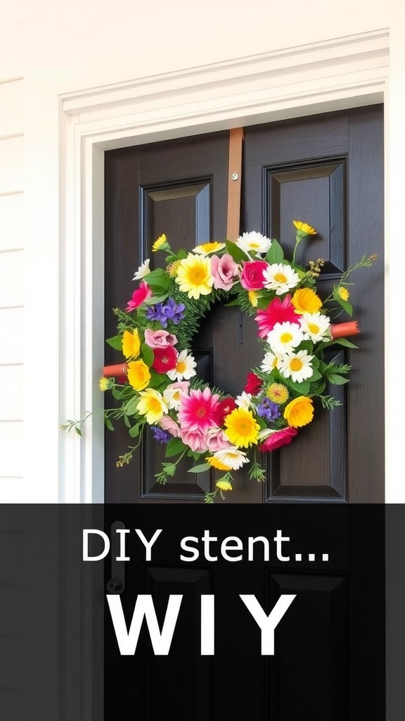 A vibrant floral wreath made with fresh blooms hanging on a dark door.