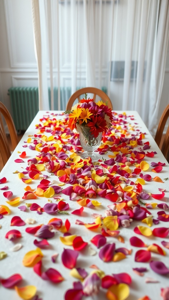 A table decorated with scattered flower petals and a vase of flowers, creating a bright and cheerful spring decor.