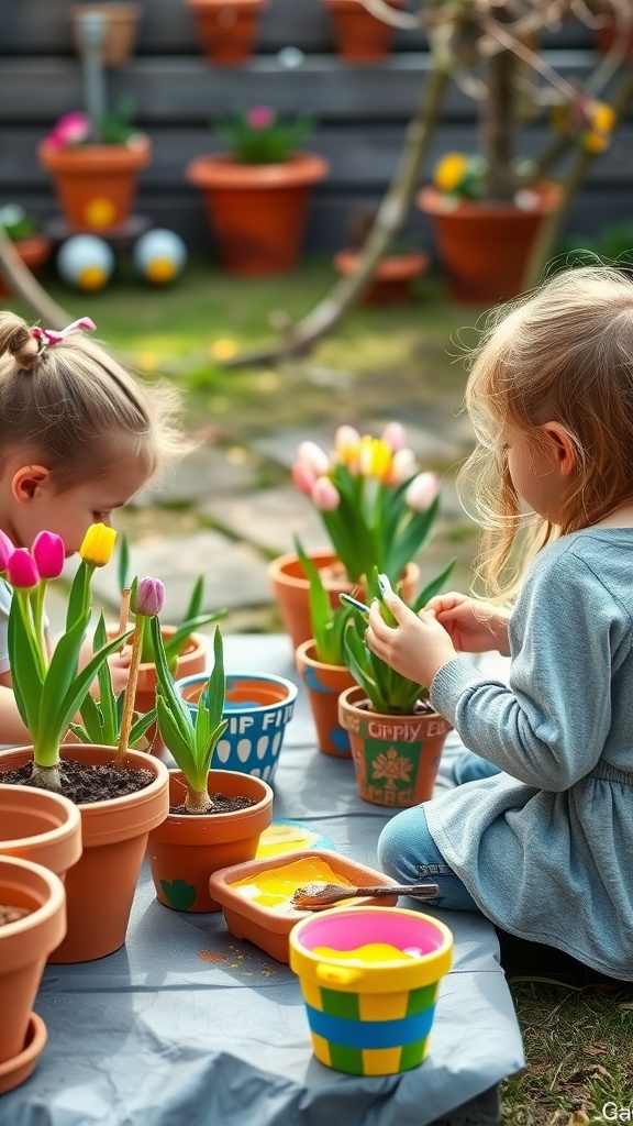 Children painting flower pots with colorful paints in a garden setting