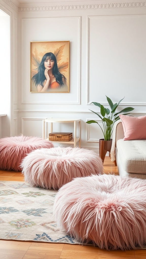 A cozy living room featuring fluffy pink poufs on a patterned rug, complemented by a plant and artwork on the wall.