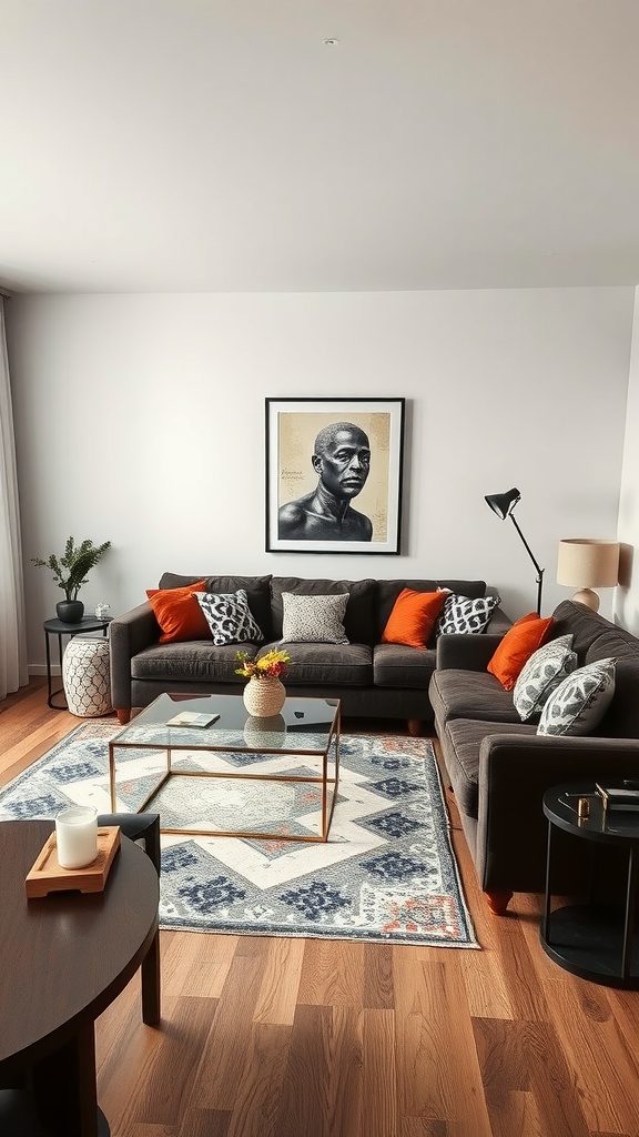 A stylish living room featuring a dark brown sofa with colorful cushions, a coffee table, and artwork on the wall.