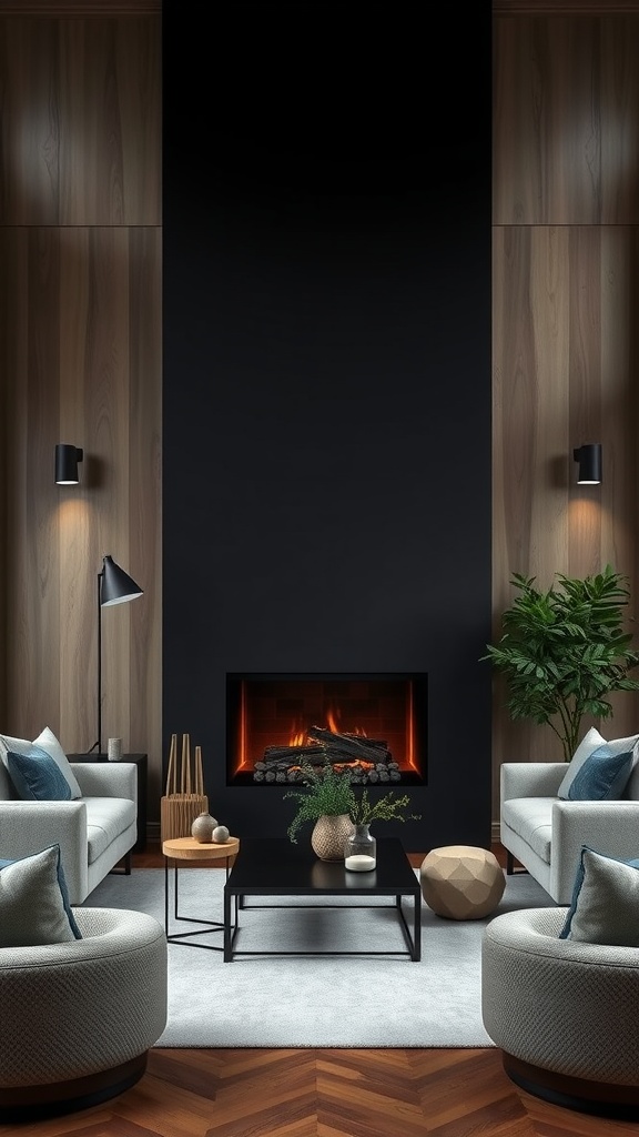 A stylish sunken living room featuring a black fireplace, wooden paneling, and cozy seating arrangements.