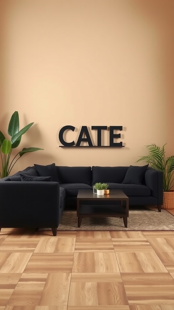 A cozy living room featuring a black sectional sofa, a black coffee table, and plants against a beige wall.