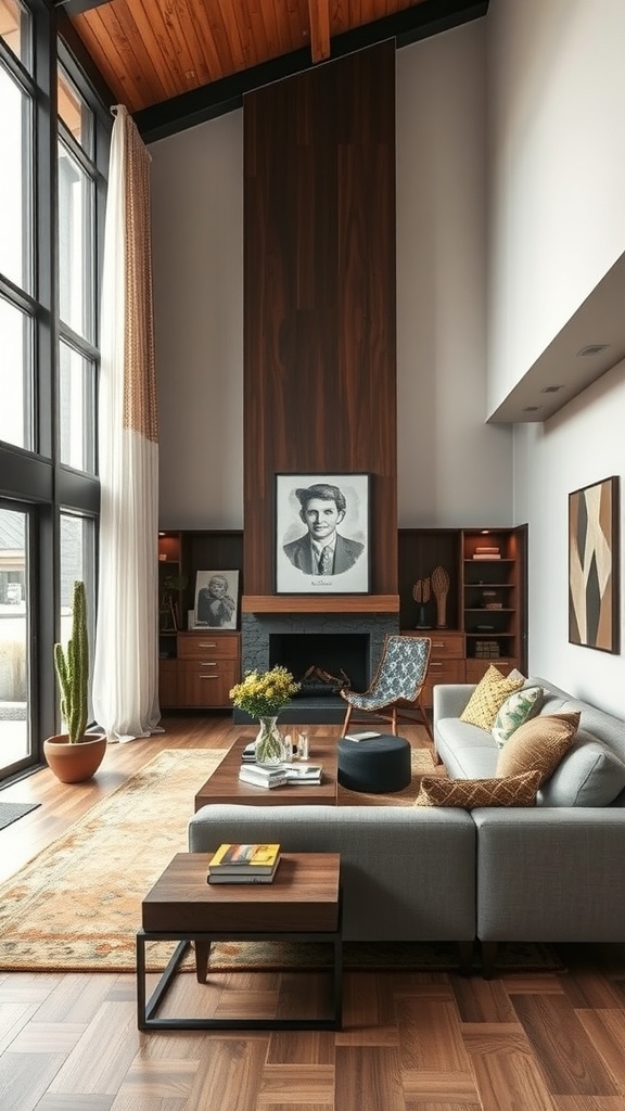 Modern western living room with wooden feature wall, artwork, and natural elements.