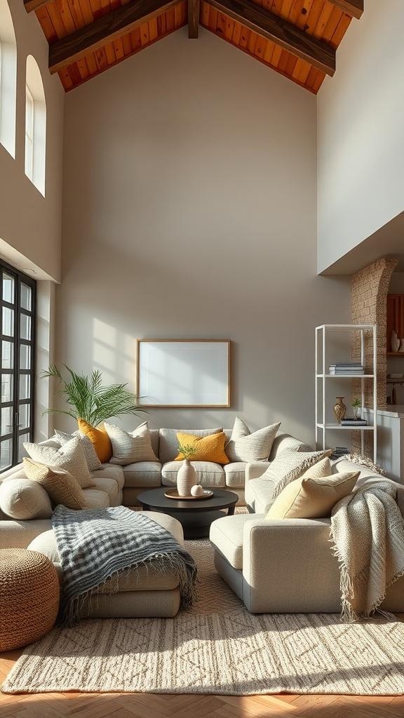 A cozy living room with high ceilings, featuring a large sectional sofa, layered textures, and a warm atmosphere.