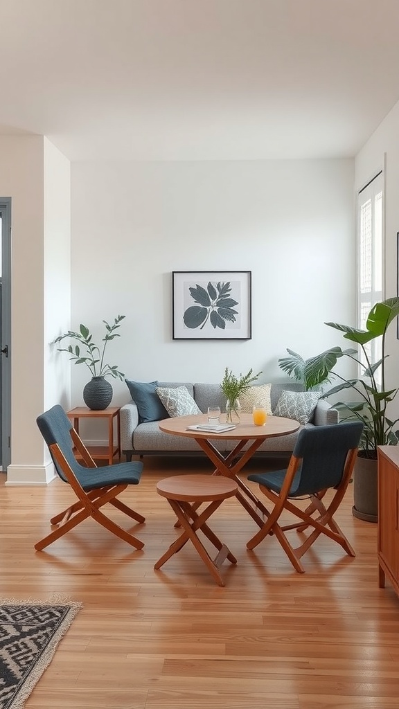 A small living room featuring a foldable table and chairs, with greenery and cozy decor.