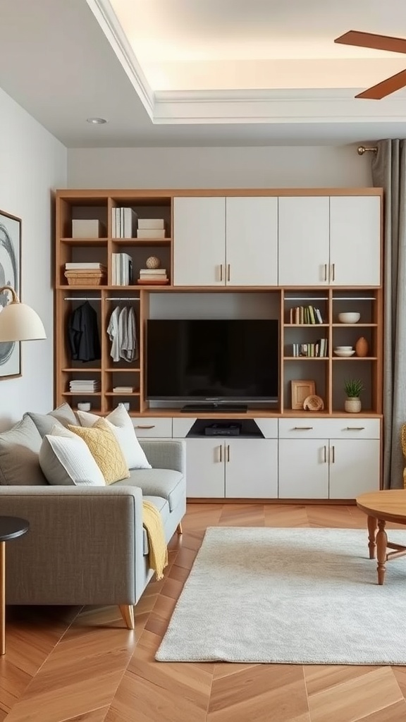 A modern living room with a stylish storage unit featuring open shelves and closed cabinets.