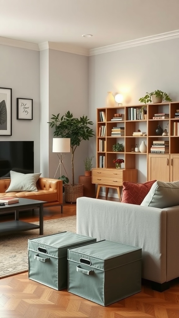 Cozy living room with folding storage bins and stylish furniture