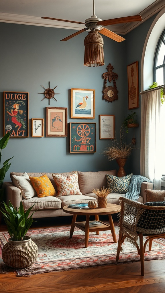 A colorful boho living room featuring folk art wall decor, a cozy sofa with patterned pillows, and natural plant elements.