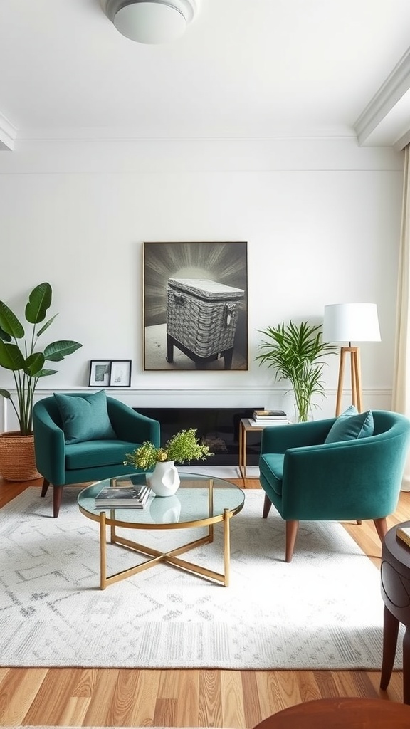 Living room featuring two forest green accent chairs, a round glass table, and plants