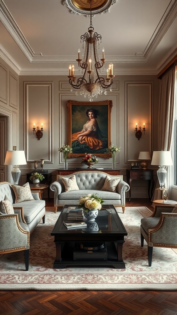 A formal living room with a classic arrangement featuring a tufted sofa, armchairs, a coffee table, chandelier, and a large portrait.