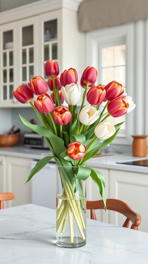 A tall glass vase filled with colorful tulips on a kitchen table.