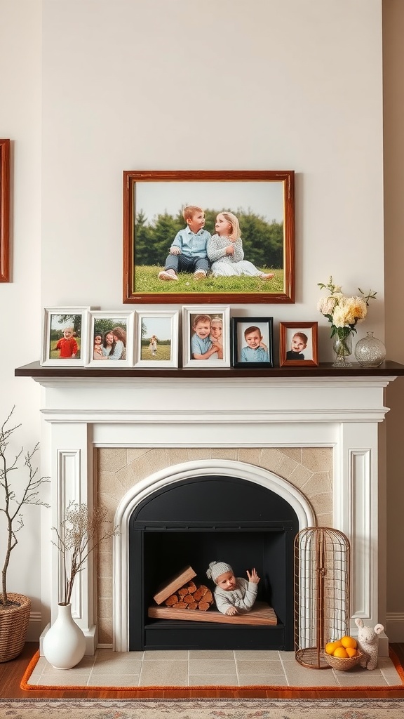 Cozy fireplace with framed family photos and a cute child playing inside