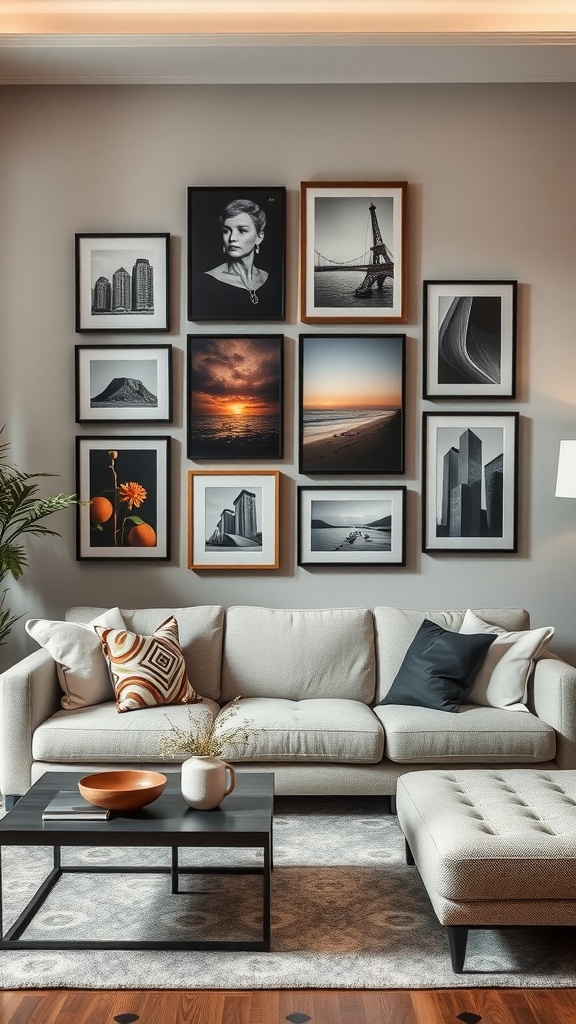 A stylish living room featuring a gallery wall with framed black-and-white photos and colorful accents.