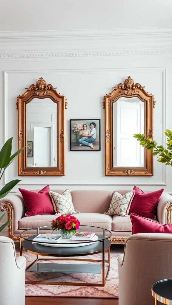 Living room featuring pink and black framed mirrors, a pink sofa with cushions, and a stylish coffee table.