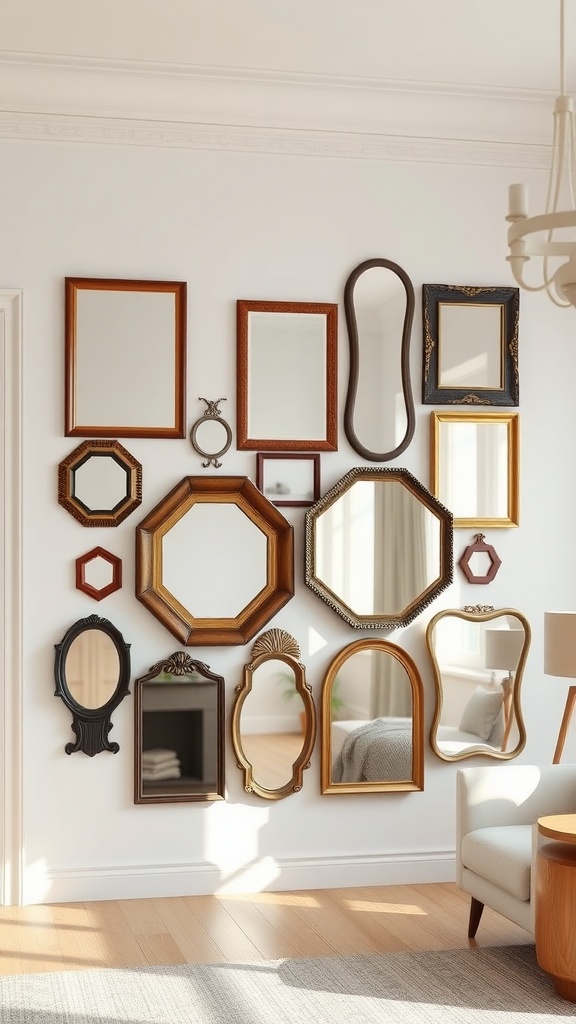 A wall with a variety of uniquely shaped framed mirrors in different styles and sizes.