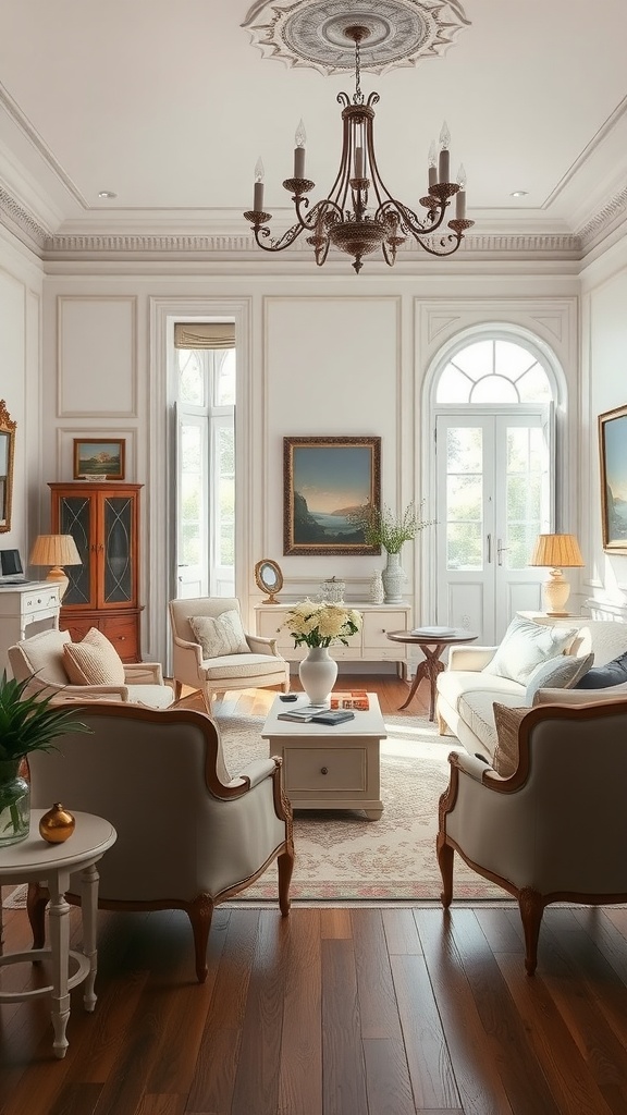 A sophisticated French Provincial living room with elegant furniture and natural light.