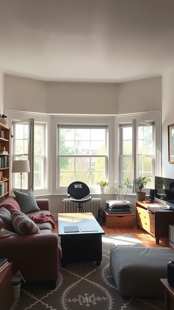 A cozy dorm living room with open windows, a comfortable couch, and plants by the window.