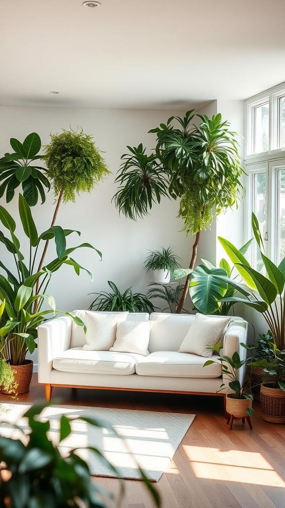 Living room with a white couch surrounded by various green plants