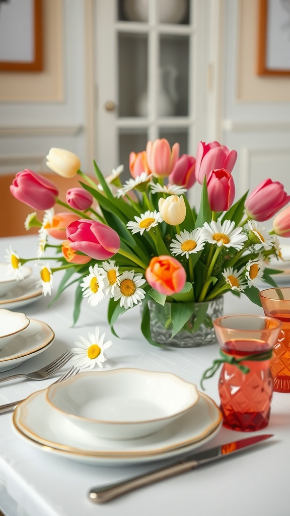 A spring dinner table set with a vibrant floral centerpiece featuring tulips and daisies, complemented by elegant dinnerware.