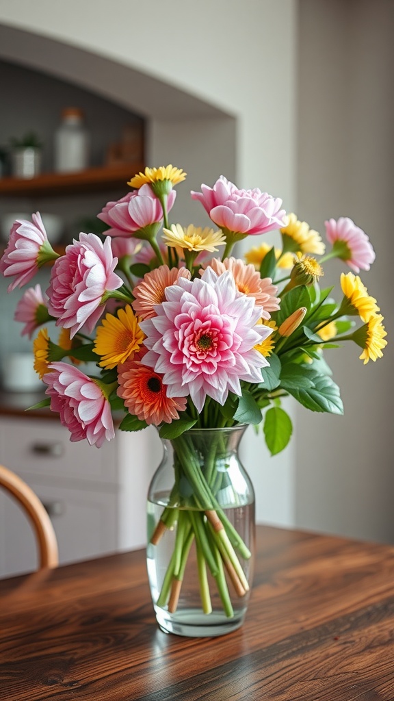 A fresh flower arrangement in pastel hues, featuring pink and yellow flowers in a glass vase on a wooden table.