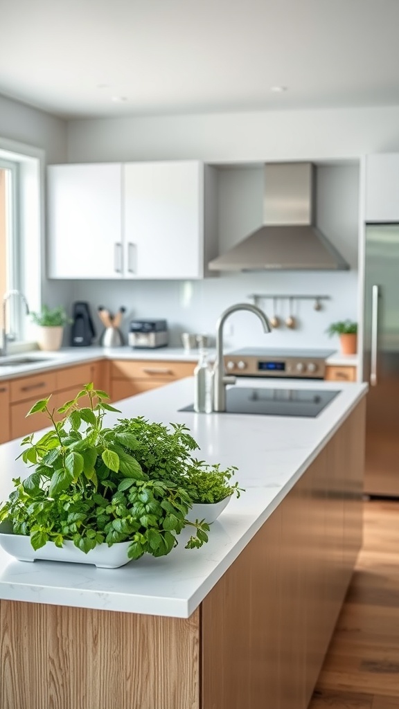 Kitchen island with fresh herb planters featuring mint and cilantro in white pots.