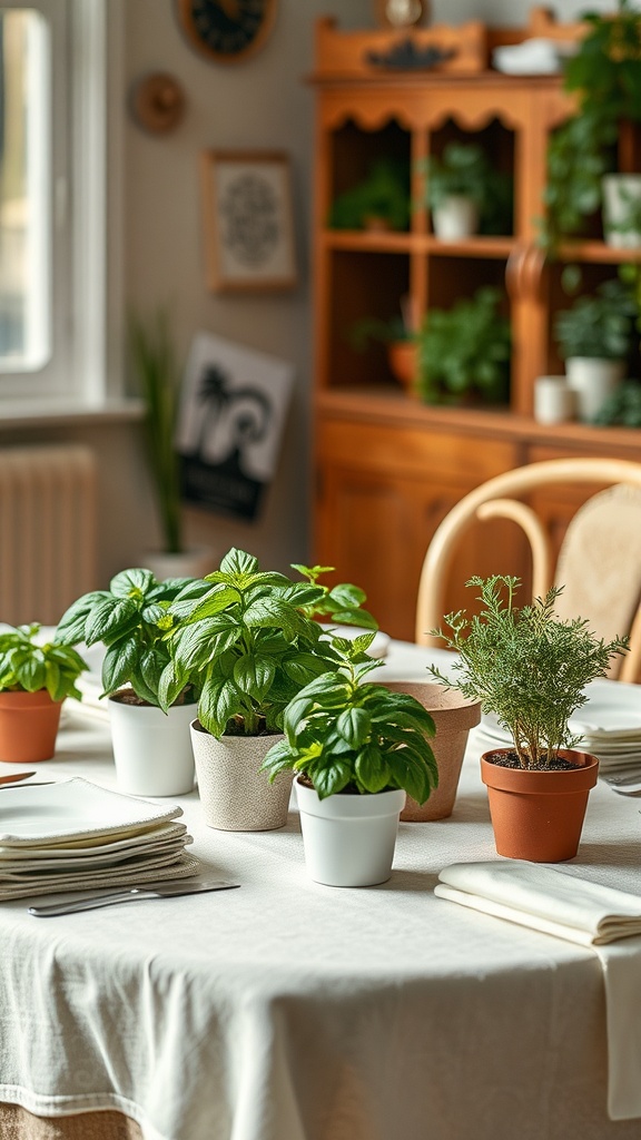 A table set for spring decor featuring various potted herbs as centerpieces.