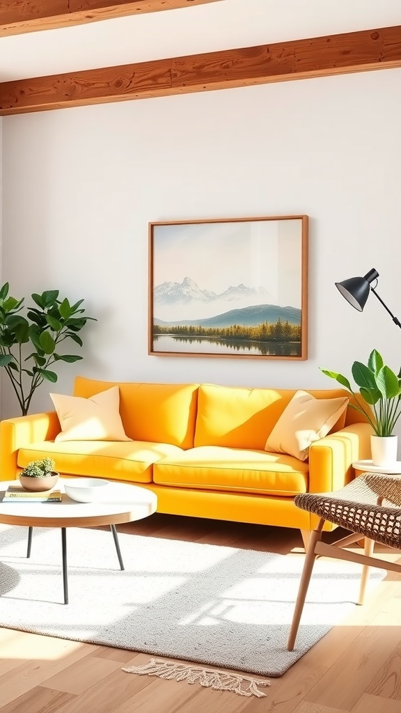 A bright living room featuring a mustard yellow sofa, wooden beams, and greenery.