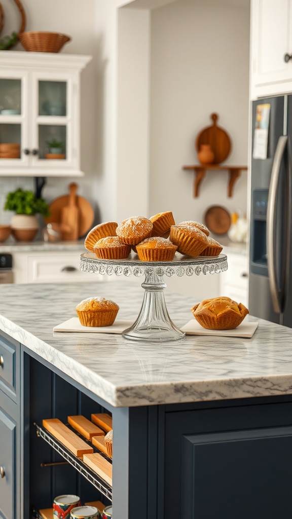 A kitchen island with a glass cake stand filled with muffins, surrounded by additional muffins on plates.