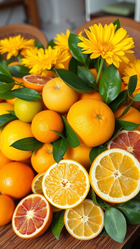 A vibrant centerpiece featuring an array of citrus fruits and yellow flowers.