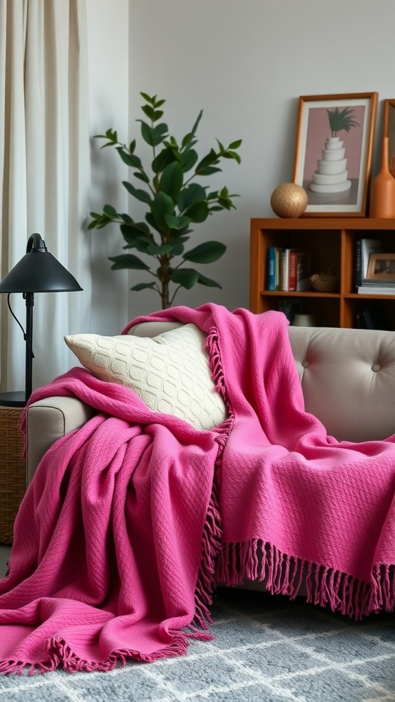 A cozy living room featuring a fuchsia throw blanket draped over a light-colored sofa, with a decorative pillow and a plant in the background.