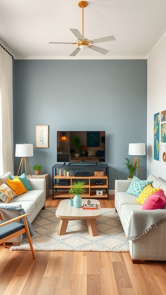 A cozy living room with gray sofas, colorful pillows, a wooden coffee table, and a TV.