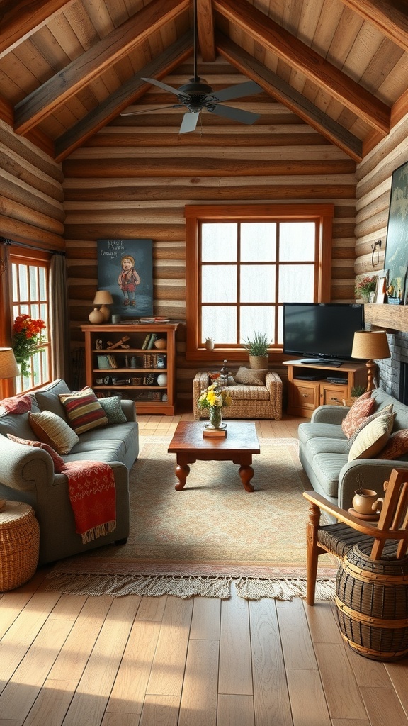 Cozy modern rustic living room with game area