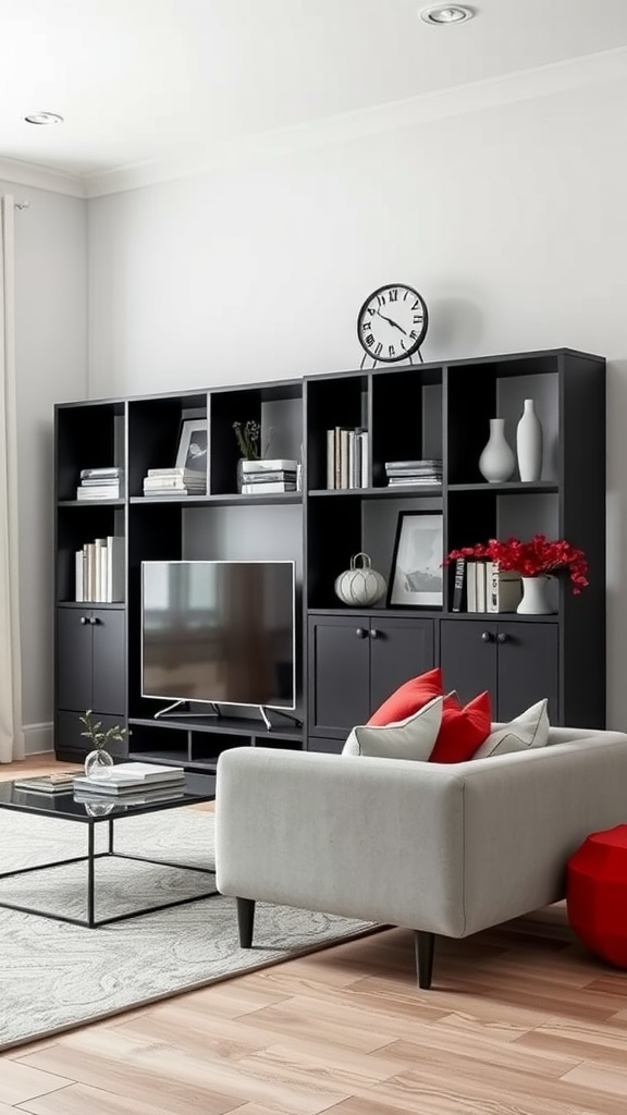 A modern living room featuring a black shelving unit, a light-colored sofa, and red accent pillows.