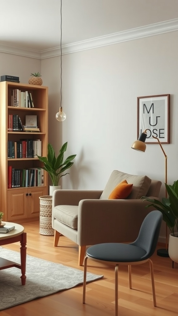 A cozy apartment living room featuring a wooden bookshelf, a comfortable chair, and plants, creating a perfect space for reading.