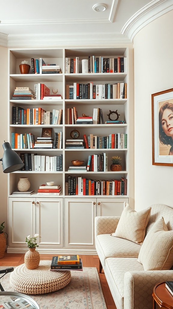 A cozy living room featuring a functional bookshelf with books, decorative items, and storage cabinets.