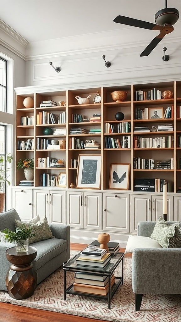 A cozy living room featuring built-in shelving units filled with books and decor, complemented by comfortable seating and a stylish coffee table.