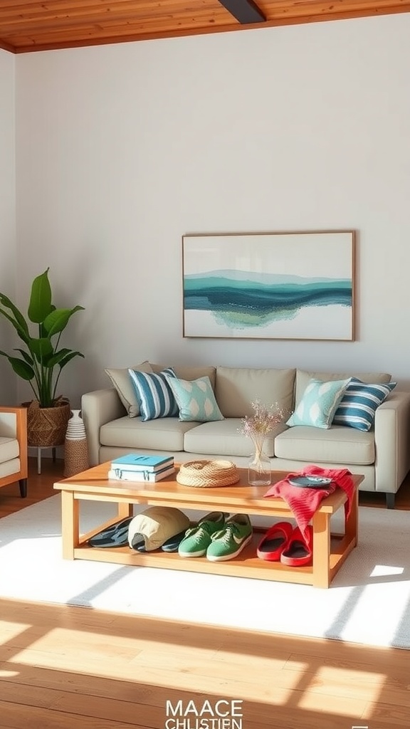 A coastal living room with a light wood coffee table, a cozy sofa, and beach-themed decor.