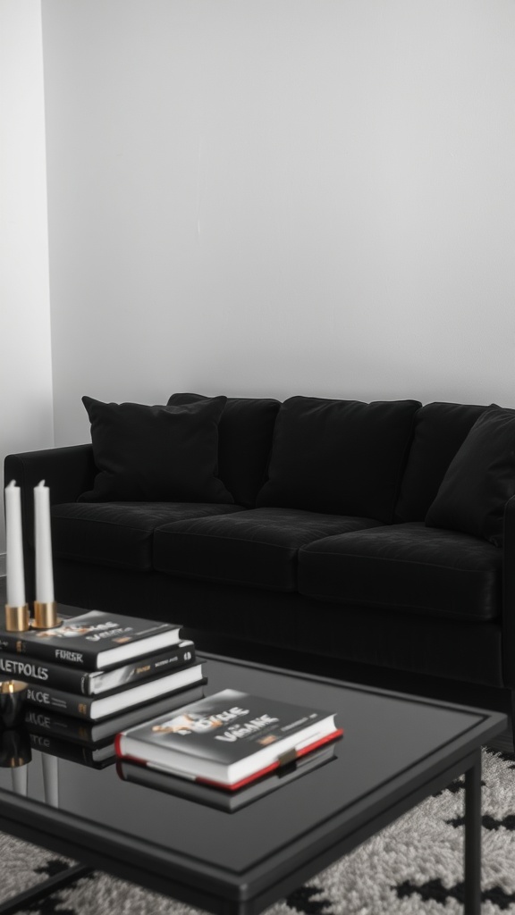 A black couch with a coffee table showcasing decorative books and candles.