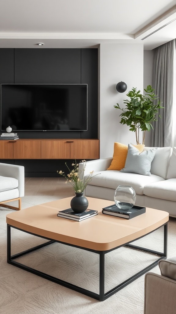 Stylish living room featuring a dual-tone beige and black coffee table, with decorative elements on top.