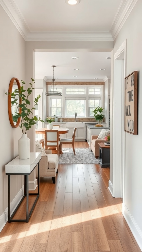 An inviting entryway leading to an open kitchen and living room, featuring a console table, plants, and natural light.