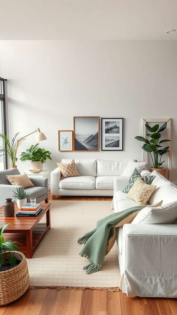 A bright and inviting living room with white sofas, plants, and framed art.