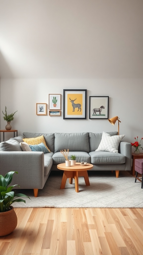 Cozy living room with a grey couch, coffee table, and decorative plants.