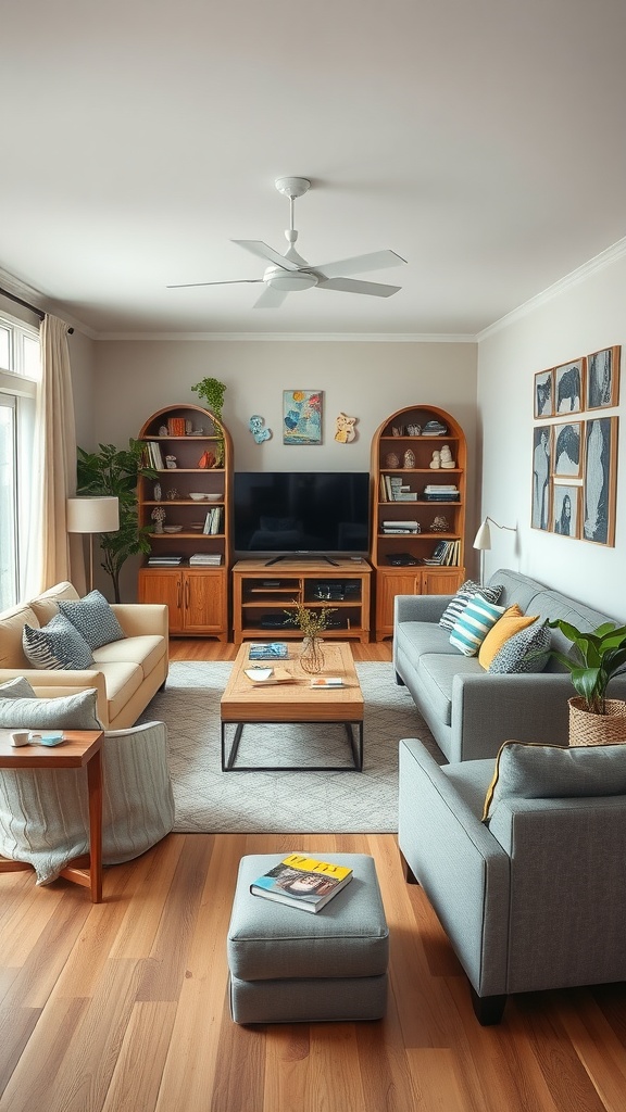 A spacious and inviting family living room with comfortable seating, a coffee table, and bookshelves.